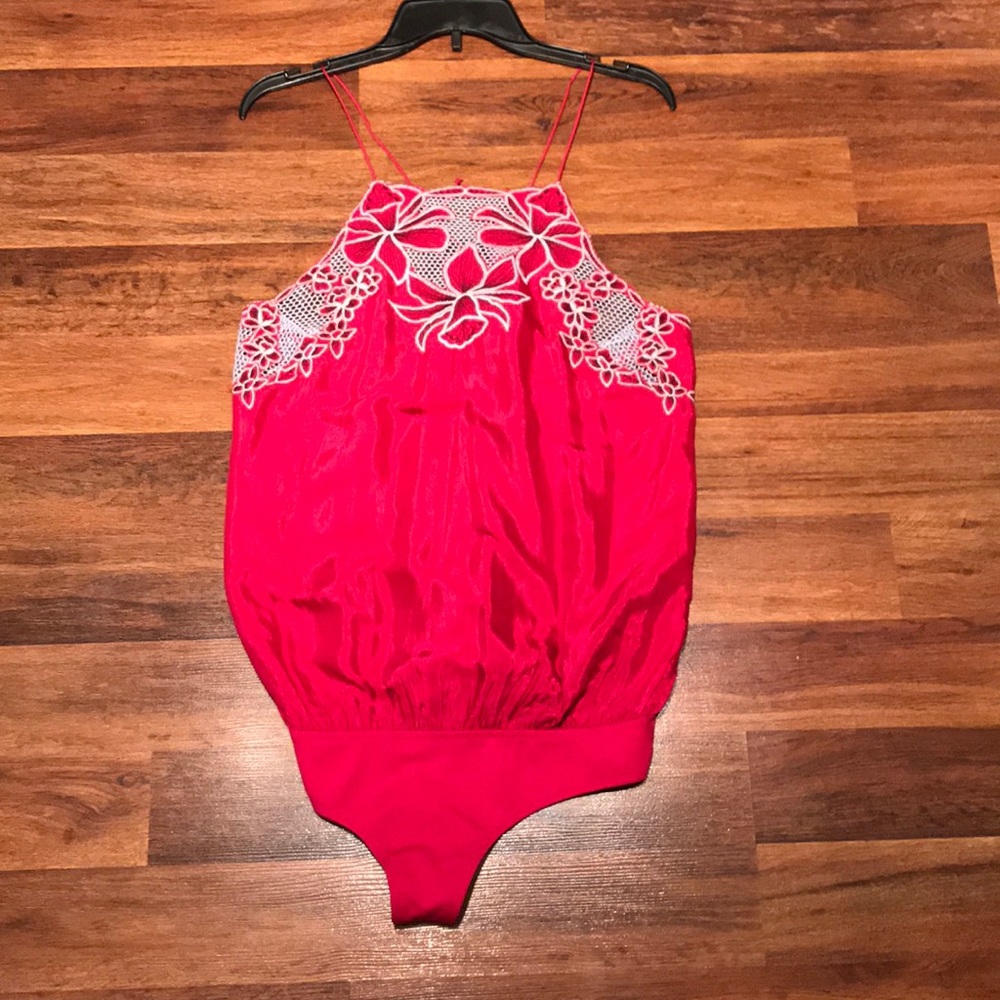 Free People Red Floral Lace Top